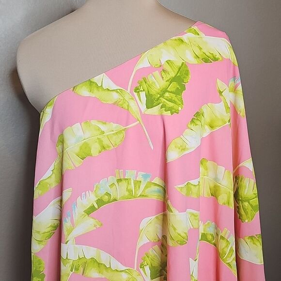 NWT Adrienne Medium Coral and Lime Palm Print Floral One Shoulder Sleeve Top - Picture 2 of 8